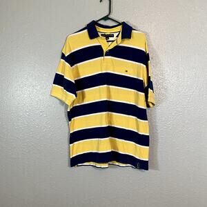 Tommy Hilfiger  Mens Large Vintage Striped Polo Yellow Navy Button Golf Logo